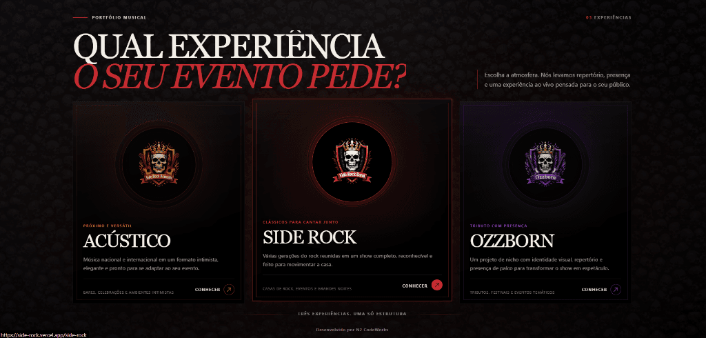Hub de experiências do SideRock com seleção para Acústico, Side Rock e Ozzborn em fundo escuro com emblemas da banda