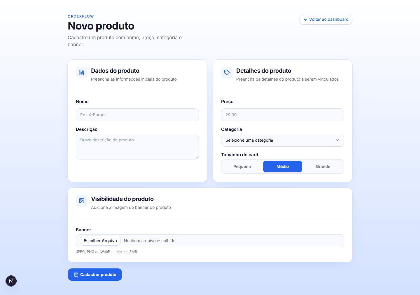 Formulário administrativo do OrderFlow para cadastrar um produto