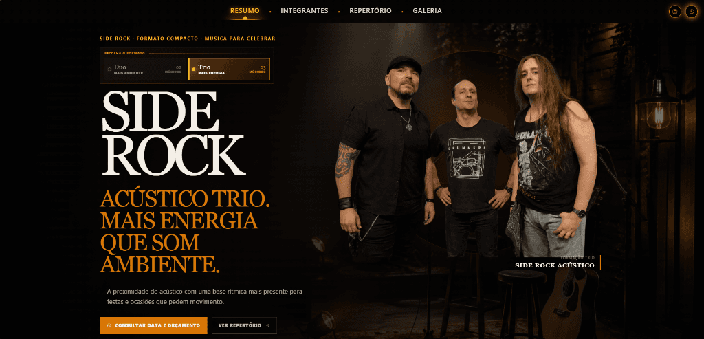 Interface da experiência SideRock Acústico com seletor interativo de formato Duo e Trio em ambiente cênico dourado