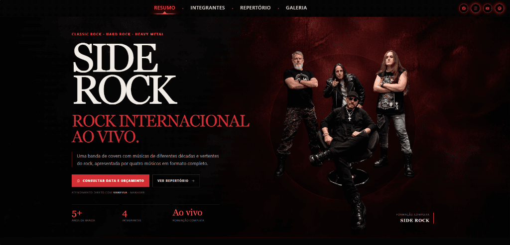 Página da formação completa do SideRock com destaque para rock internacional ao vivo, métricas da banda e chamada para orçamento