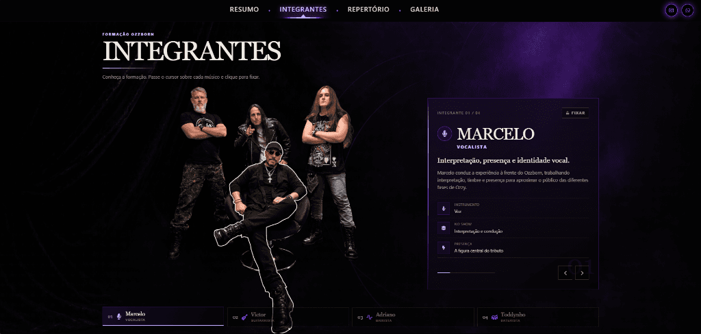 Lineup interativo de integrantes da formação Ozzborn com destaque no vocalista Marcelo, ficha técnica e instrumento
