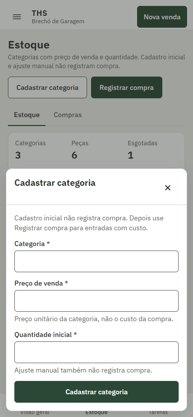 Formulário mobile de cadastro de categoria no estoque do Thrift Store Manager