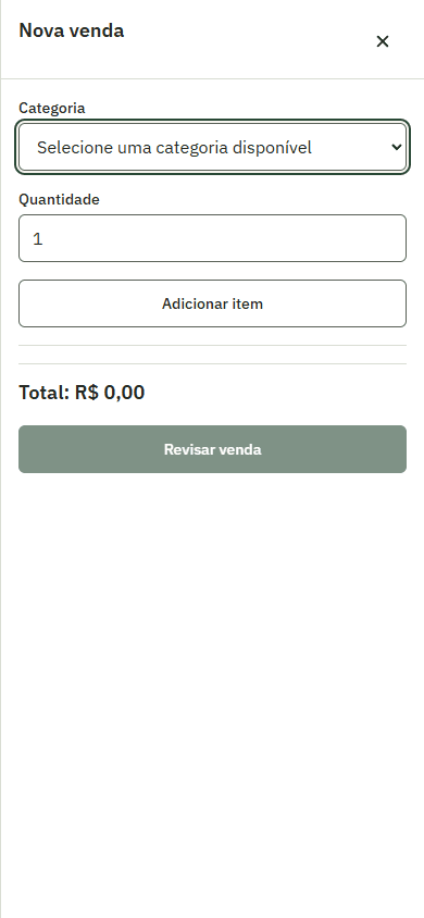 Carrinho mobile de nova venda do Thrift Store Manager com categoria, quantidade e total